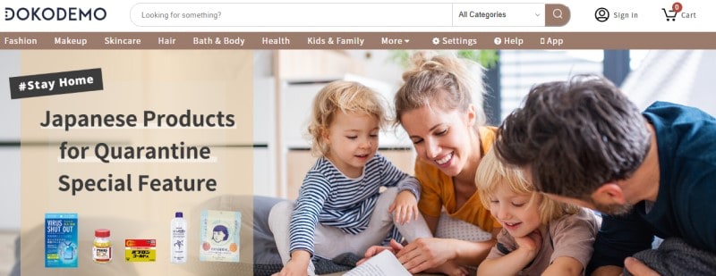 screenshot of the dokodemo website featuring a family reading together