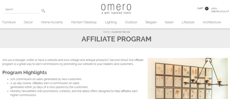 screenshot of the omero affiliate program webpage