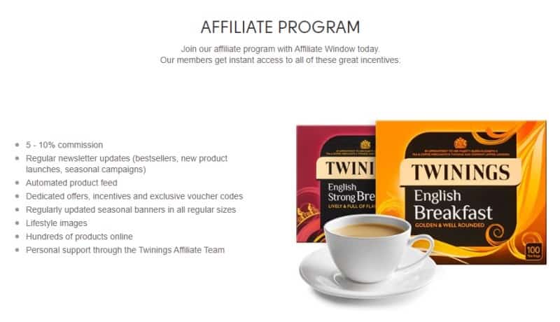 screenshot of the twinings affiliate program website