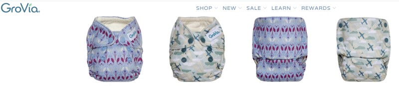 screenshot of the grovia website feature a selection of their cloth diaper products on display