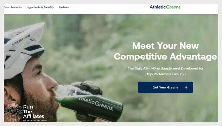 screenshot of the athletic greens website featuring a man drinking athletic greens supplement