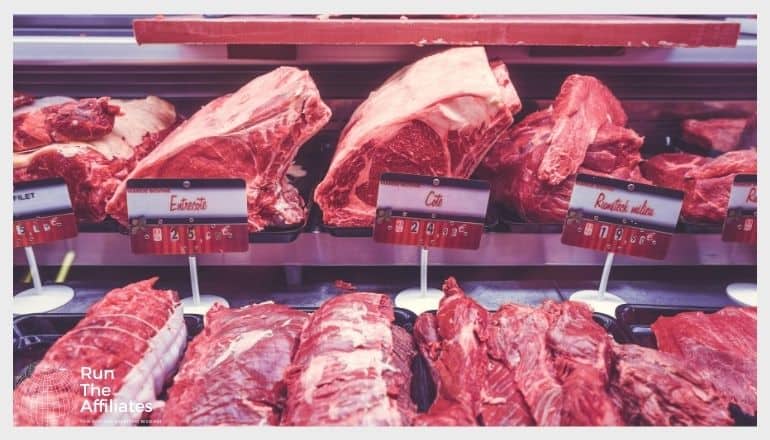 cuts of meat in a butcher's window