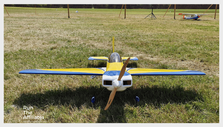 yellow and blue rc plane sitting on grass