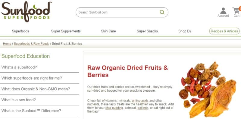 screenshot of the sunfood superfoods website