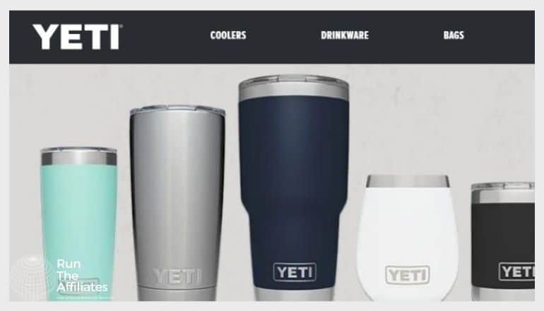 YETI tumblers lined up. In various colors