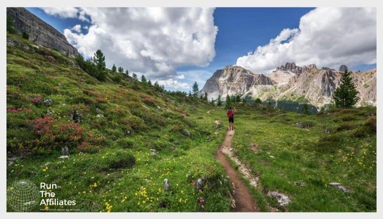 man hiking through field of yellow and red flowers with mountains in the background against a blue sky