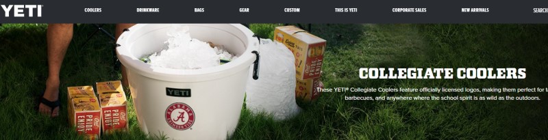 screenshot of the collegiate branded coolers on the YETI website