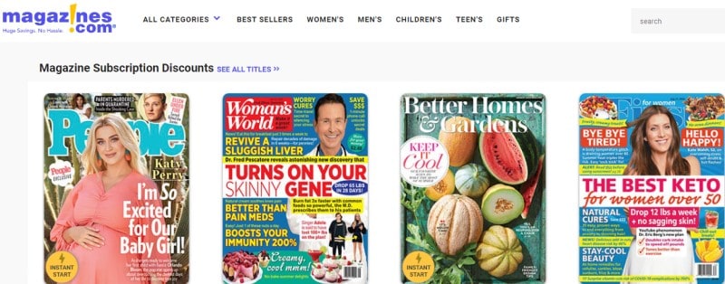 screenshot of the magazines.com website