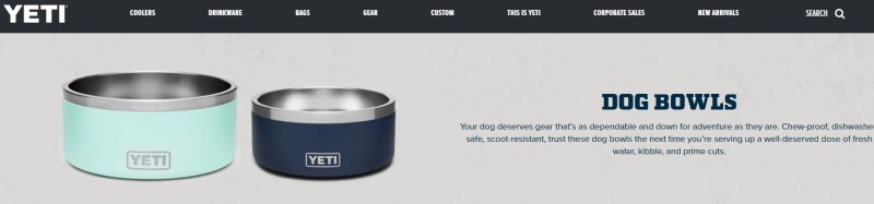 screenshot of the YETI website featuring YETI dog bowls