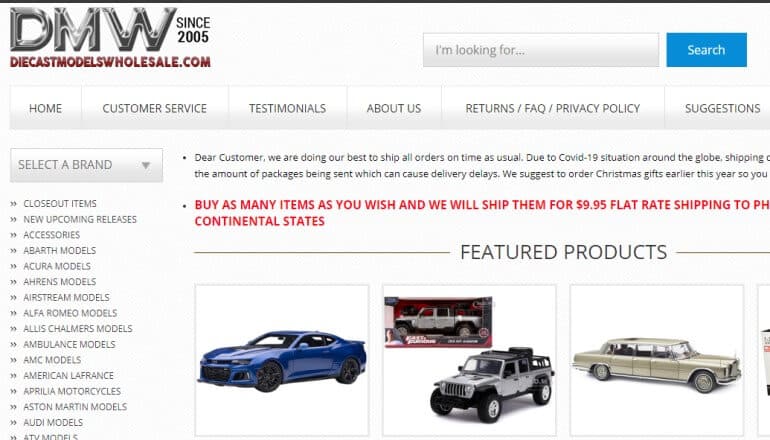 screenshot of the diecast models wholesale website