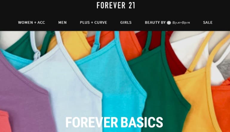 screenshot of the forever 21 website