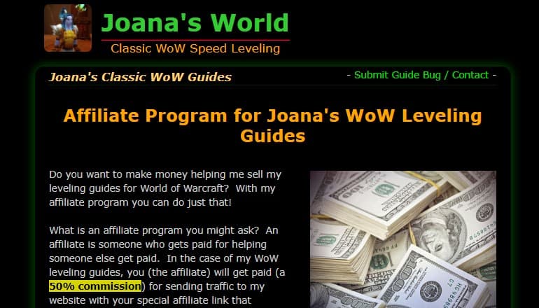 screenshot of the Joanas 1-60 Classic Wow Leveling Guides affiliate website