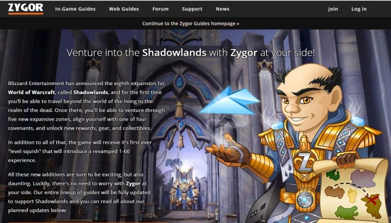 screenshot of the Zygor WoW guides website 