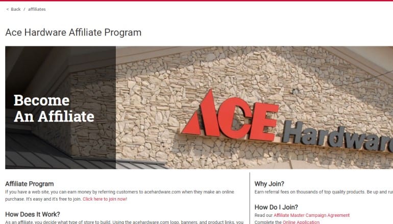 screenshot of the ace hardware affiliate program webpage