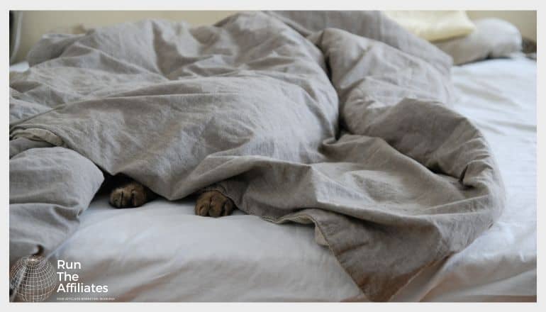 image of a blanket on a bed with a puppy underneath with its paws sticking out