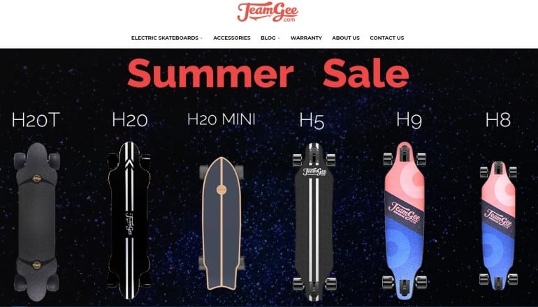 screenshot of the Teamgee Electric Skateboard website