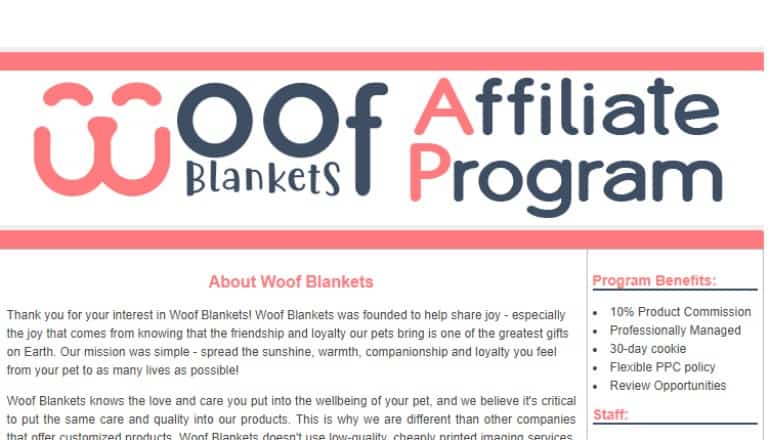 screenshot of the woof blankets affiliate program