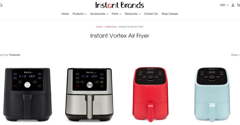 screenshot of the instant brands air fryer webpage