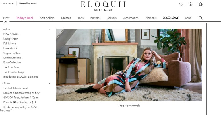 screenshot of the eloquii website