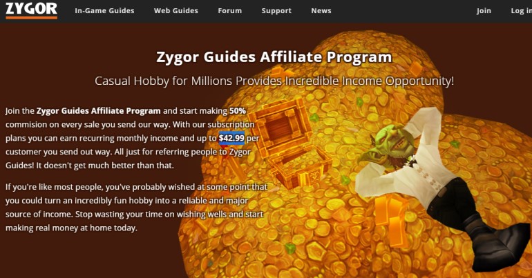 screenshot of the zygor affiliate program webpage