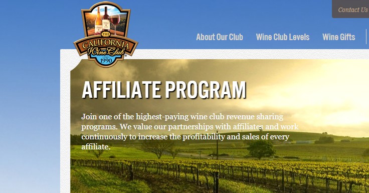 screenshot of the California wine club affiliate page