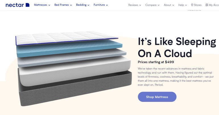 screenshot of the nectar website showing a cross section of their mattress