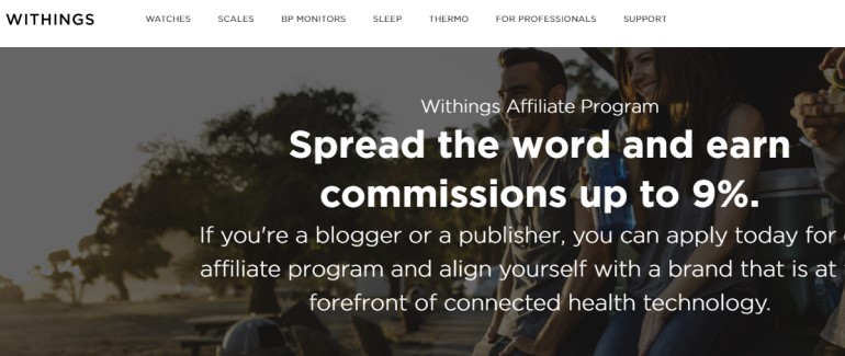 screenshot of the withings affiliate webpage