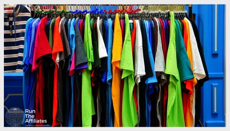 rack of multi-colored tee shirts